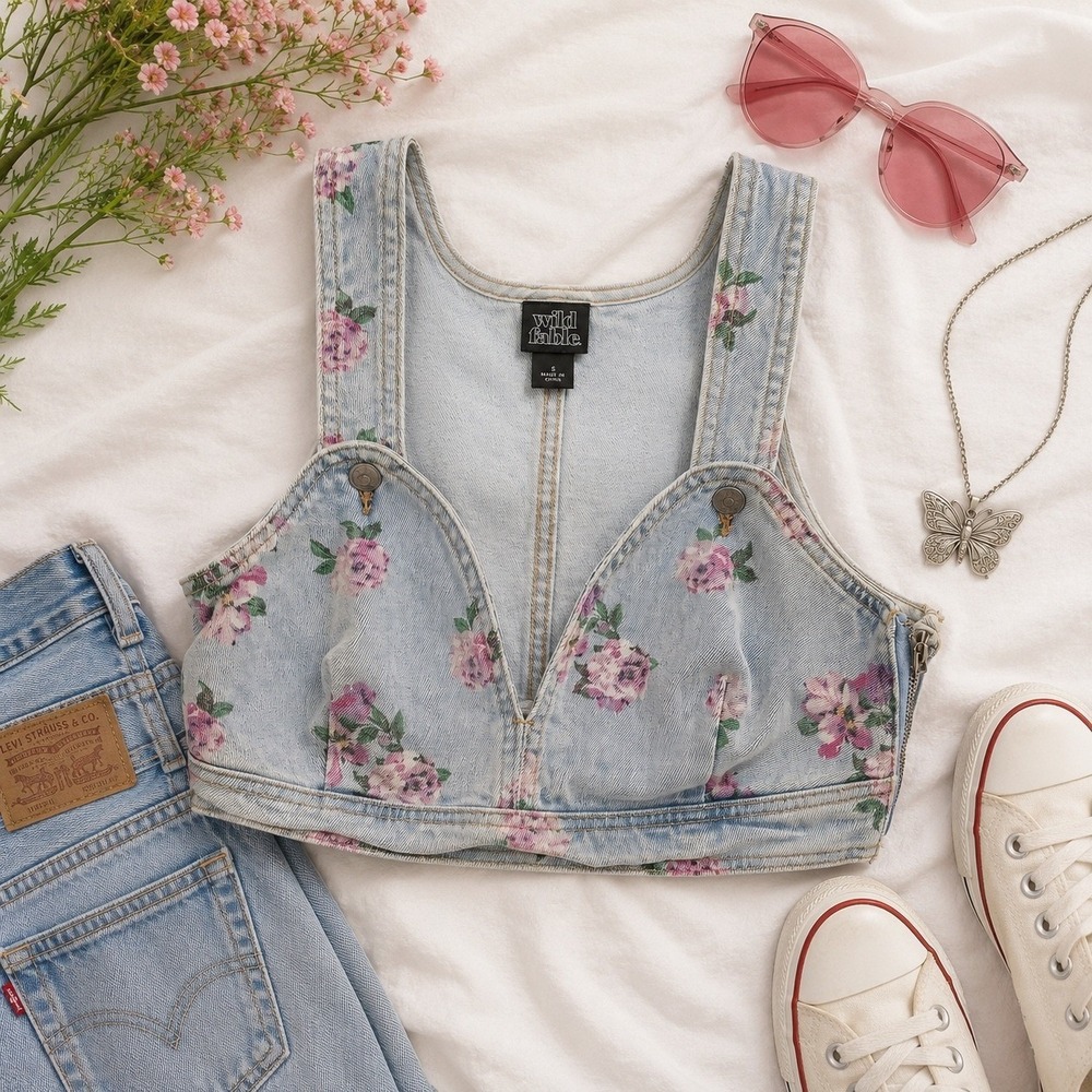 Wild Fable Floral Denim Bralette Top Womens S Y2K Corset Bustier Cottagecore